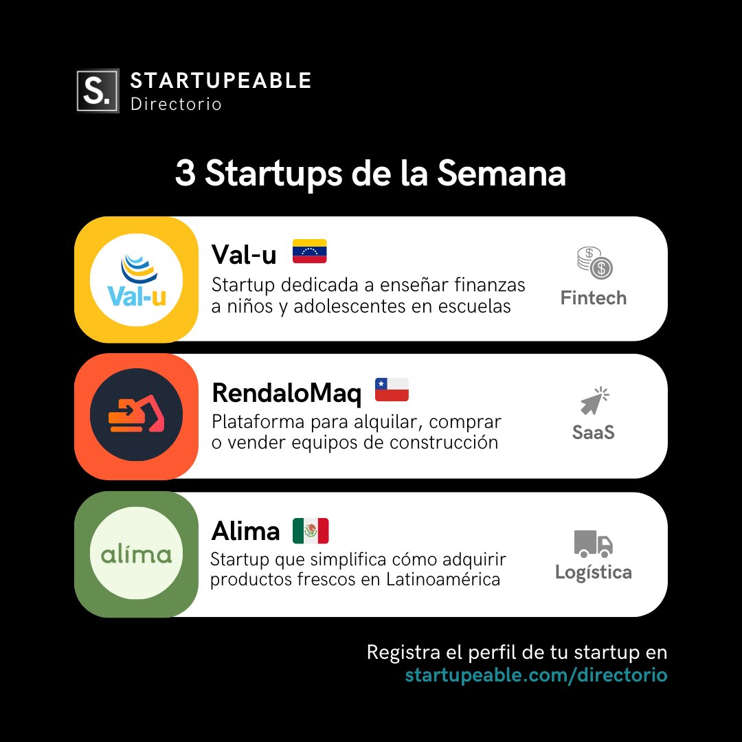 startupeable's tweet image. ¡Conoce el ecosistema de startups de nuestra región! 🌎

Te presentamos a @myval_u, @rendalomaq y Alima

(1/2)