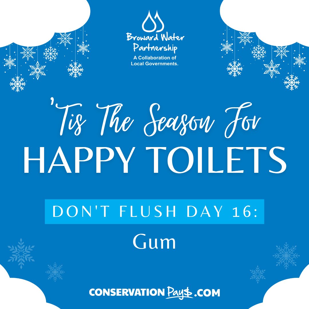 BrowardSavesH2O's tweet photo. We’re sharing things you shouldn’t flush to keep your toilet happy! Today’s item is gum.

Since gum is cohesive, it can stick to your plumbing and cause blockages. 

#SustainableBroward #ResilientBroward #ConservationPays #EPAWaterSense https://t.co/SA4pIsdVNP