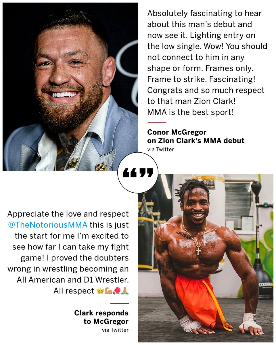 espnmma's tweet photo. Conor McGregor with nothing but praise for Zion Clark after his pro MMA debut over the weekend 🙌 

(via @TheNotoriousMMA, @bigz97) https://t.co/T7ryXkkOHA
