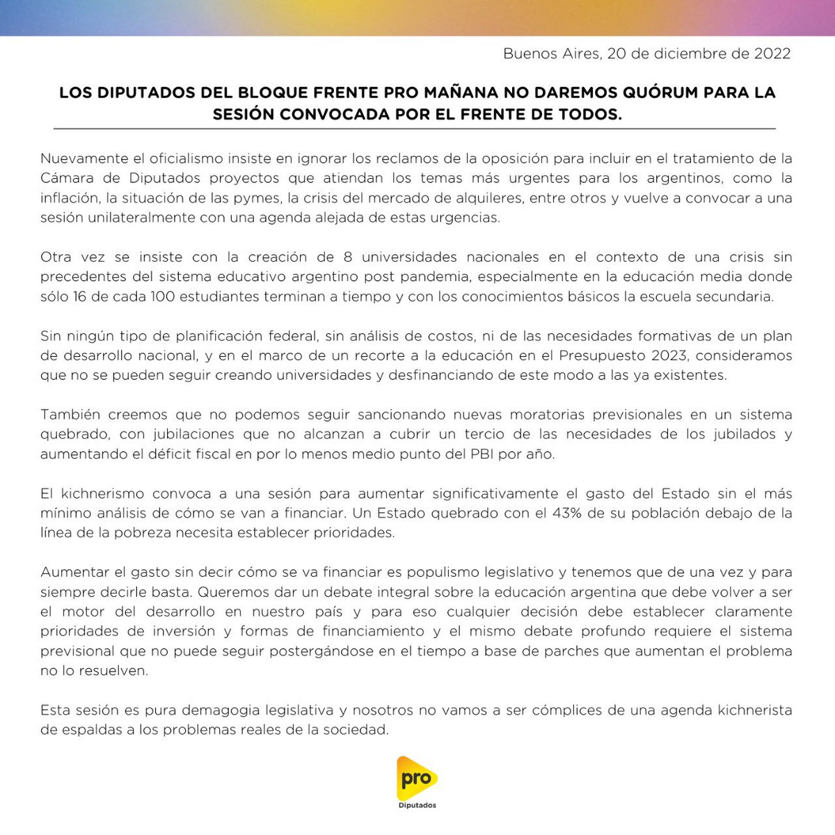 cristianritondo's tweet photo. Desde el PRO no vamos a dar quórum a la sesión convocada por el Frente de Todos. https://t.co/9YCLXeCL59