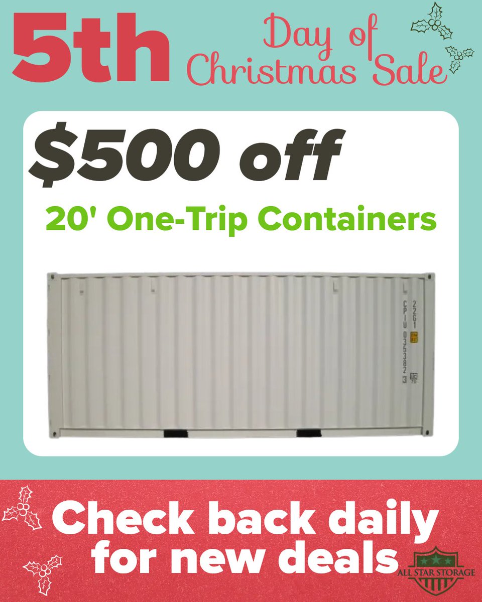 AllStar_Storage's tweet image. On the 5th Day of Christmas All Star gave to me, $500 off a 20&apos; One-Trip Container

#allstarstorage 
#shippingcontainers 
#modifiedcontainer 
#storage 
#12daysofchristmas 
#20ftcontainer 
#onetripcontainer