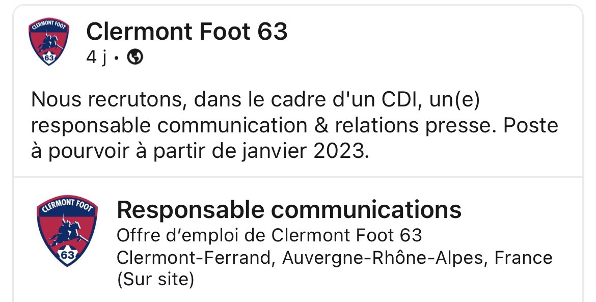 AuvergneMarque's tweet photo. #JobinCom | L’Auvergne recrute.
Le @ClermontFoot recrute en com et relations presse #communication 👇 https://t.co/Pu9qu1shQN