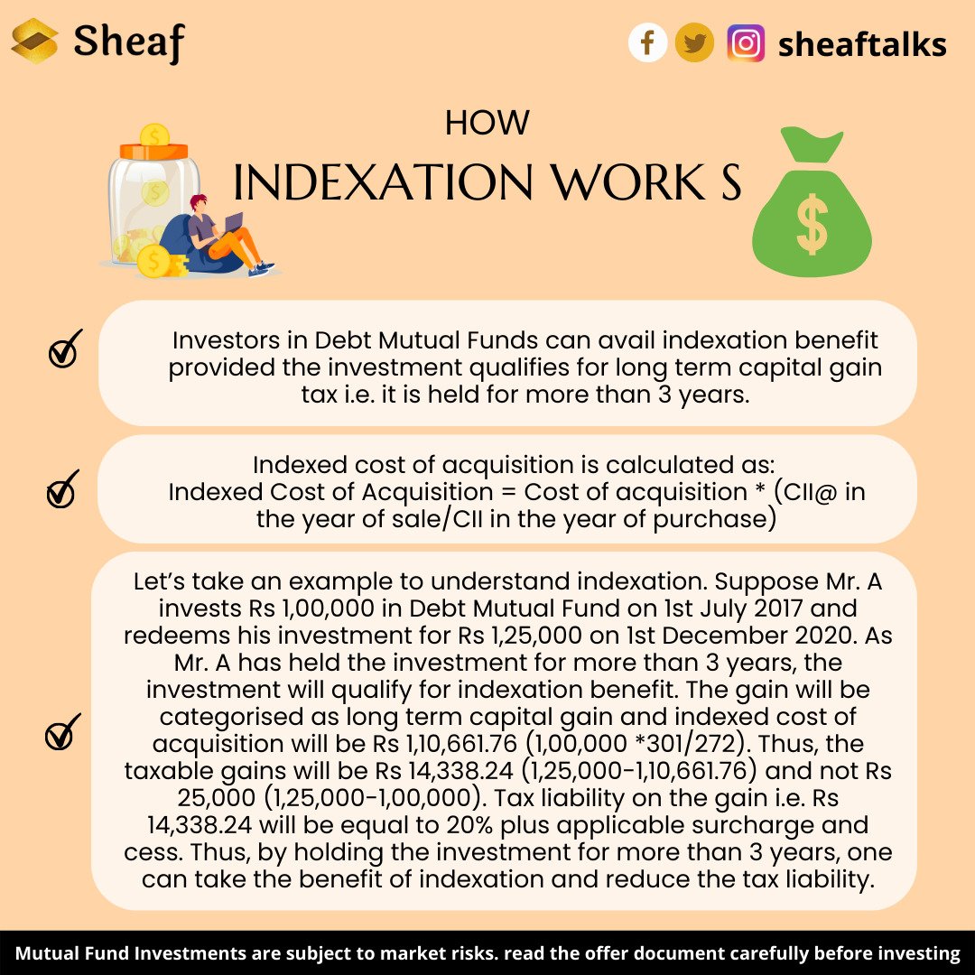 mytrunkbox's tweet photo. Do you know that the #Indexation #benefit is applied to the investment amount to #tax your returns fairly, which factors in #inflation. It helps you to calculate the new value of your #investment, considering inflation and to get real #capitalgain.

#STP #SWP #sheaf #sheaftalks https://t.co/0MG6hqjy7A