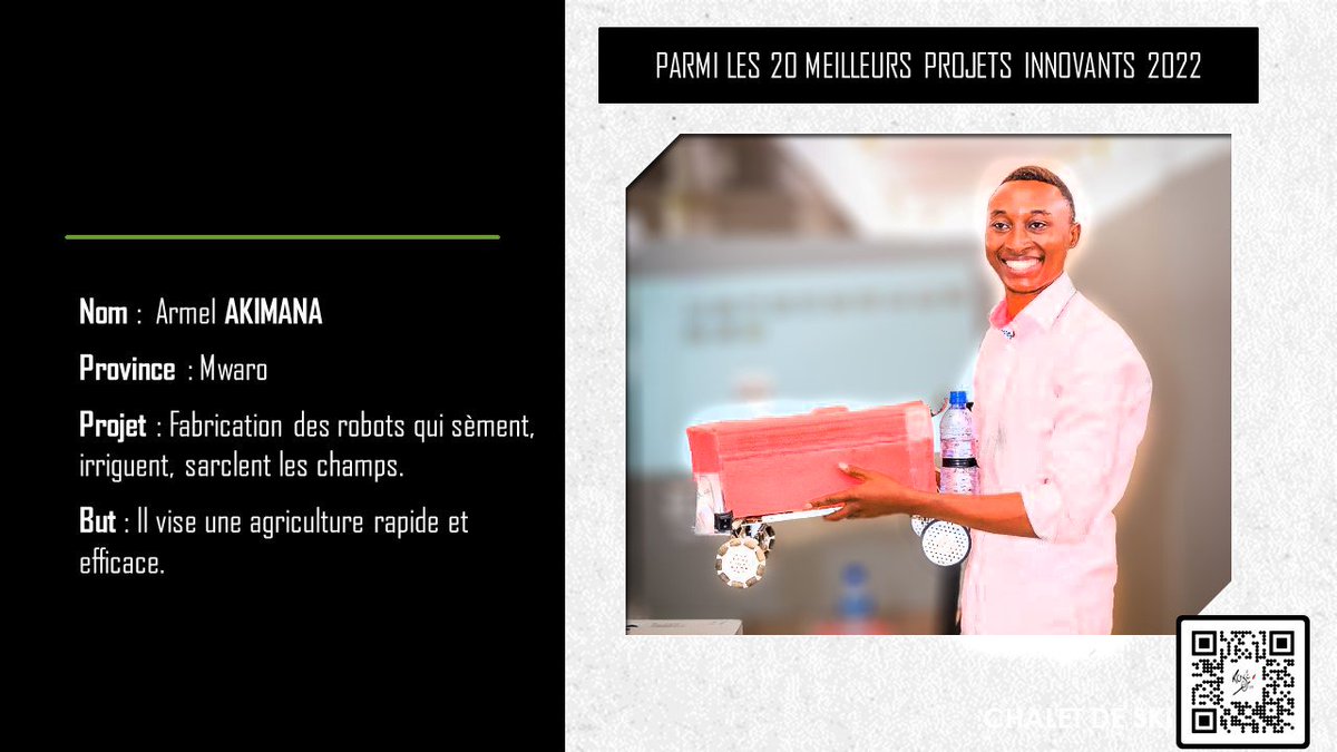 Parmi les 20 jeunes qui se sont distingués en 2022, en entrepreneuriat pour lutter contre le chômage.
Armel Akimana, entrepreneur en TIC de la province Mwaro, qui fabrique des robots qui sèment, irriguent, sarclent les champs.
#jeunes
#entrepreneur
#Burundi 
#robots 
#tic 
<a href="/armel/">Armel-Alexandre</a>