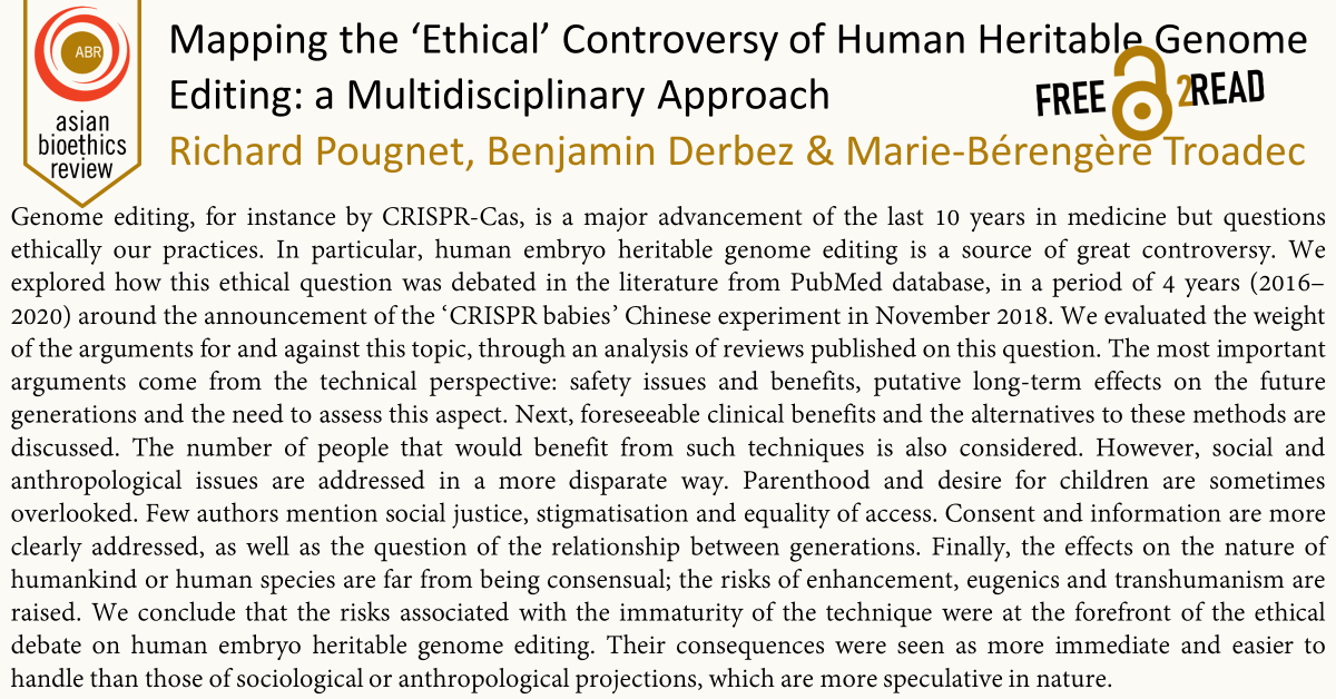 AsianBioethics's tweet photo. Mapping the ‘Ethical’ Controversy of Human Heritable #GenomeEditing: a Multidisciplinary Approach
Richard Pougnet, Benjamin Derbez, @MarieBerengere
Free2Read ✅ https://t.co/sqbB44mJa1
Subscription ➡️ https://t.co/trIdgIqHnH
#Bioethics #Genethics #CRISPR @UnivParis8 @CHRU_Brest https://t.co/6DD2oKRT2W