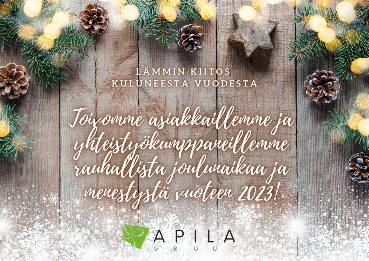 Kiitos kuluneesta vuodesta ja hyvää joulua! 🎄

Haluamme kiittää yhteistyöstä ja toivottaa rauhallista joulua ja onnellista uutta vuotta 2023!

Apila Groupin väki lomailee ajalla 23.12.2022 - 1.1.2023. Nähdään taas ensi vuonna!
