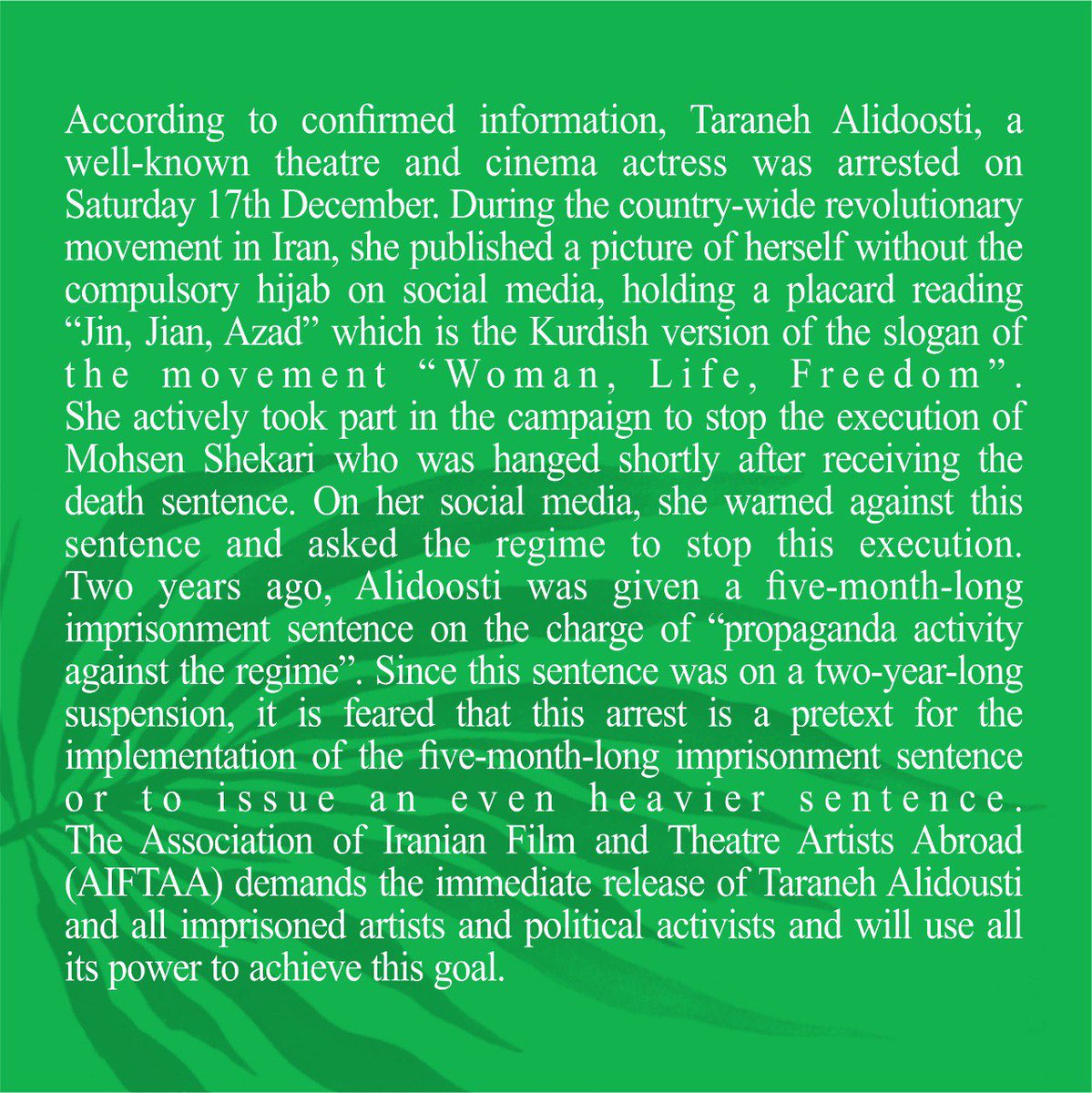 AiftaaOfficiall's tweet photo. #TaranehAlidoosti, a well-known theatre and cinema actress was arrested on Saturday 17th December.
#aiftaa
#association_of_iranian_film_and_theatre_artists_abroad
#MahsaAmini https://t.co/12wRPctnzk