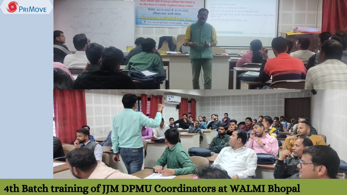 PriMove_'s tweet photo. 4th Batch training of Jal Jeevan Mission(JJM) District Planning and Monitoring Unit(DPMU) Coordinators 
_ at WALMI, Bhopal
#JalJeevanMission #dpmu #Bhopal #training #primove #JalJeevan
@PriMove 
@Neelkul https://t.co/xmi3BBd6AO