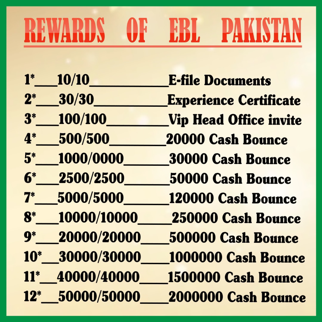 #___EBL__Pakistan 
Online Work EBL Pakistan Rewards
Aik Isa Platform Ju Aap Is Me Kuch Kaam Kary Our Apko Life Time kily Earning Digaa