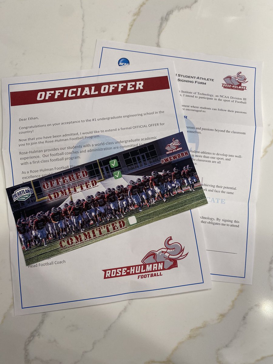 After a great game day experience with <a href="/RoseHulmanFB/">Rose-Hulman Football</a>, I’m very excited to announce that I have received an official offer from Rose-Hulman! Thank you <a href="/Coach_Stanton1/">Jeffrey Stanton</a> and <a href="/CoachSokolRHIT/">Jeff Sokol</a> for this incredible opportunity. 🐘🔴⚪️ @LHSWildcatsVFB