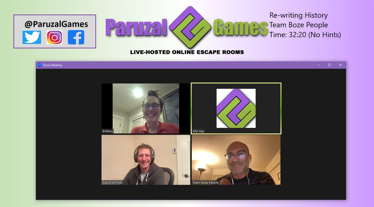 Team Boze People just managed to escape "Re-Writing History" in record time! Congratulations!!!

#EscapeRoom #EscapeGame #FamilyFun #TeamWorkFromHome #PlayAtHome #RemoteDateNight #DifferentEntertainment #ParuzalGames