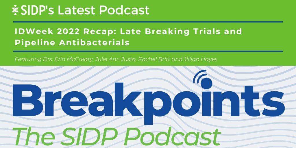 SIDP (@sidpharm) on Twitter photo Missing #IDWeek2022 already? Have no fear – your IDWeek #Breakpoints recap is here!
Join Drs. <a href="/ErinMcCreary/">Erin McCreary</a>, <a href="/julie_justo/">Julie Ann Justo</a>, <a href="/RachelBPharmD/">Rachel Britt, PharmD, BCIDP</a> and <a href="/thejillianhayes/">Jillian Hayes</a> for a review of some new trials and pipeline agents presented at IDWeek 2022. Listen now: sidp.pinecast.co Missing #IDWeek2022 already? Have no fear – your IDWeek #Breakpoints recap is here!
Join Drs. <a href="/ErinMcCreary/">Erin McCreary</a>, <a href="/julie_justo/">Julie Ann Justo</a>, <a href="/RachelBPharmD/">Rachel Britt, PharmD, BCIDP</a> and <a href="/thejillianhayes/">Jillian Hayes</a> for a review of some new trials and pipeline agents presented at IDWeek 2022. Listen now: sidp.pinecast.co