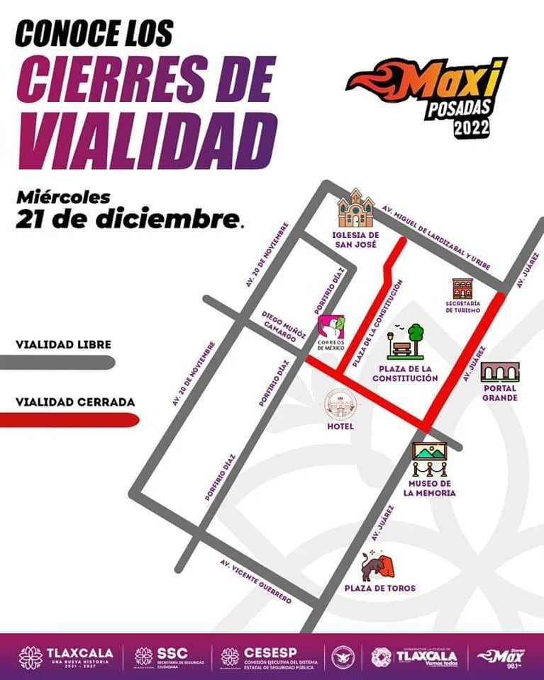 LorenaCuellar's tweet photo. Mañana tendremos en el zócalo de #Tlaxcala la #MaxiPosada, les invito a venir y disfrutar con su familia. 💃
Además, les comparto el mapa con el cierre de vialidades.
⚠️Tomen sus precauciones y anticipen rutas alternas desde temprano. ⚠️
#UnaNuevaHistoria https://t.co/qYysfxASI5
