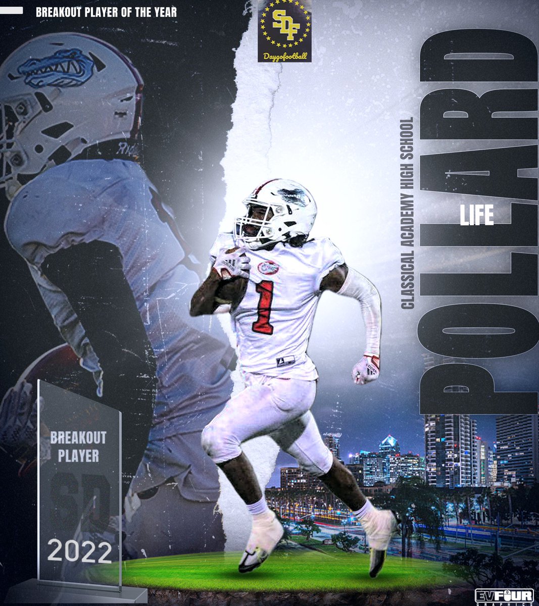 Life Pollard came into his Senior year and led his team to a CIF Championship , Regional Win and a State Championship . Pollard rushed for 1423 Yards and 21 TD’s he is your Daygofootball Breakout Player of the Year .