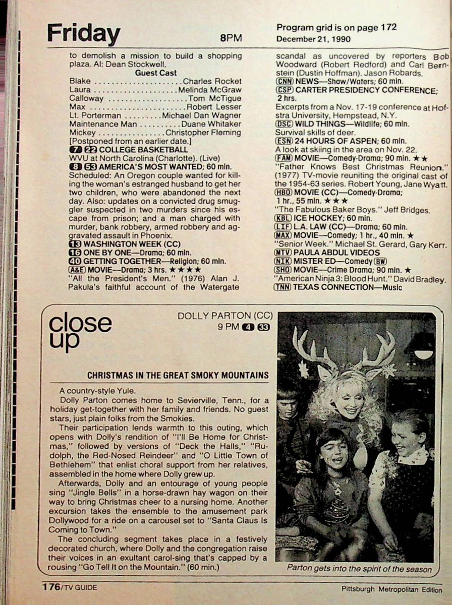 Dec 21 '90 - Christmas specials featuring singers and their families have been around since the early days of TV. This time, it's Dolly Parton's turn as her clan gathers at her childhood home in Sevierville, Tenn #TVGuide #OTD #1990sTV #1990s