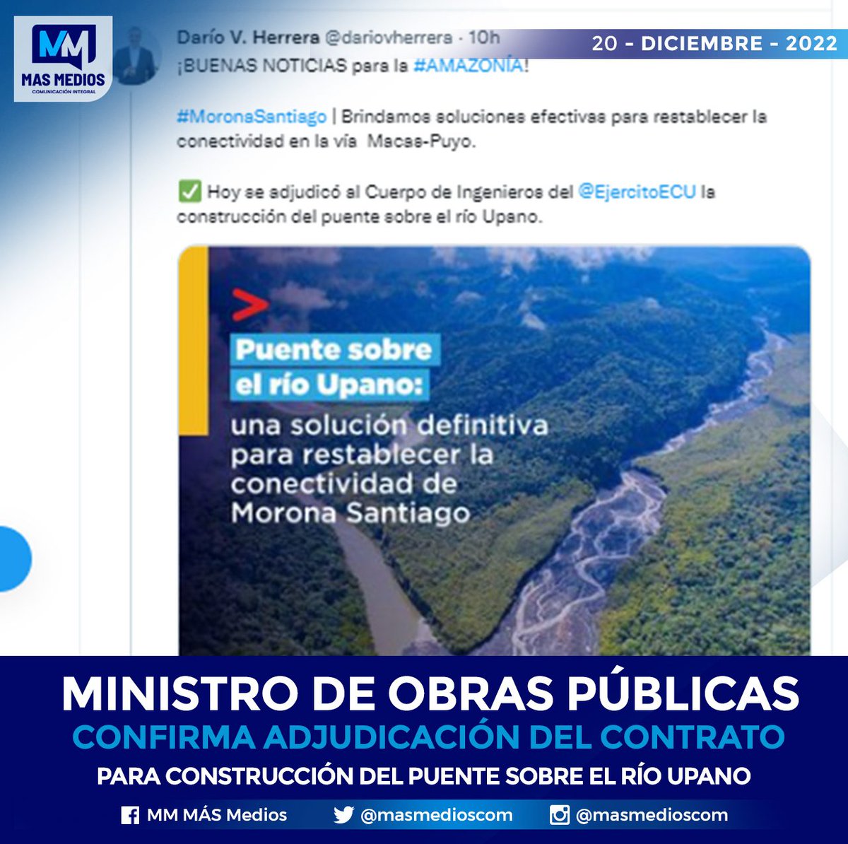 masmedioscom's tweet photo. #MoronaSantiago ││ CONTRATO PARA CONSTRUCCIÓN DEL PUENTE SOBRE EL RÍO UPANO FUE ADJUDICADO 

Ministro de Obras Públicas, Darío Herrera, informó, que se adjudicó el contrato para la construcción del puente sobre el Rio Upano, al Cuerpo de Ingenieros del Ejército. https://t.co/j7MELmcHjO