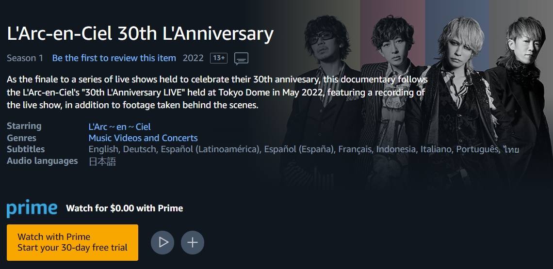 WTK's tweet photo. L'Arc-en-Ciel 30th L'Anniversary is streaming on Amazon Prime Video https://t.co/uLaXmJU1bB https://t.co/JosiS1cn85