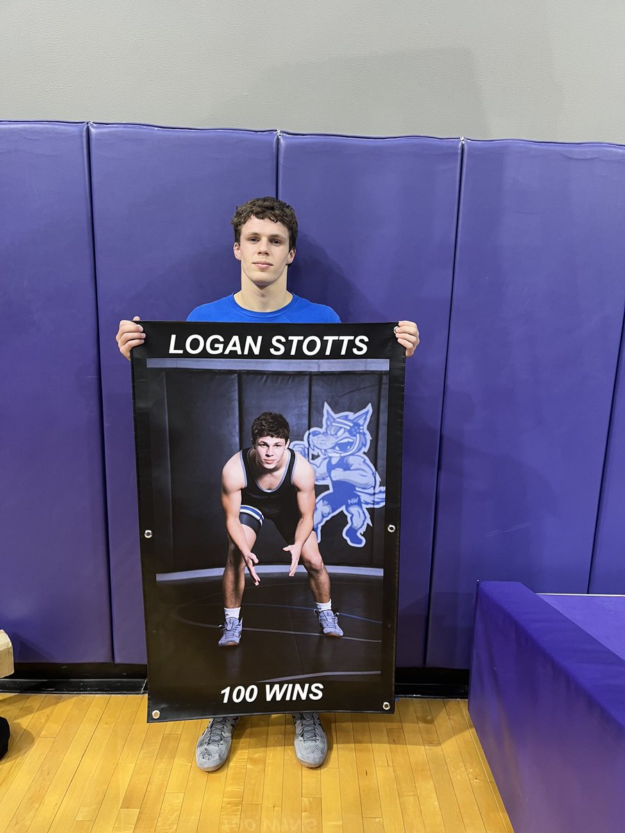 WrestlingNWHS's tweet photo. Logan Stotts records his 100th victory tonight in a win over Waukee! #CenturyClub #OnePack https://t.co/UKZEtRFRPQ