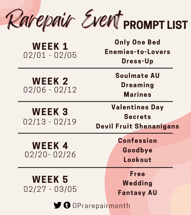 oprarepairmonth's tweet photo. Coming in February 2023, a special month-long event celebrating rarepair One Piece ships! Please tag us at (@OPrarepairmonth) during the week of whatever prompt(s) you do so we can share it! https://t.co/5aluJ65CQn