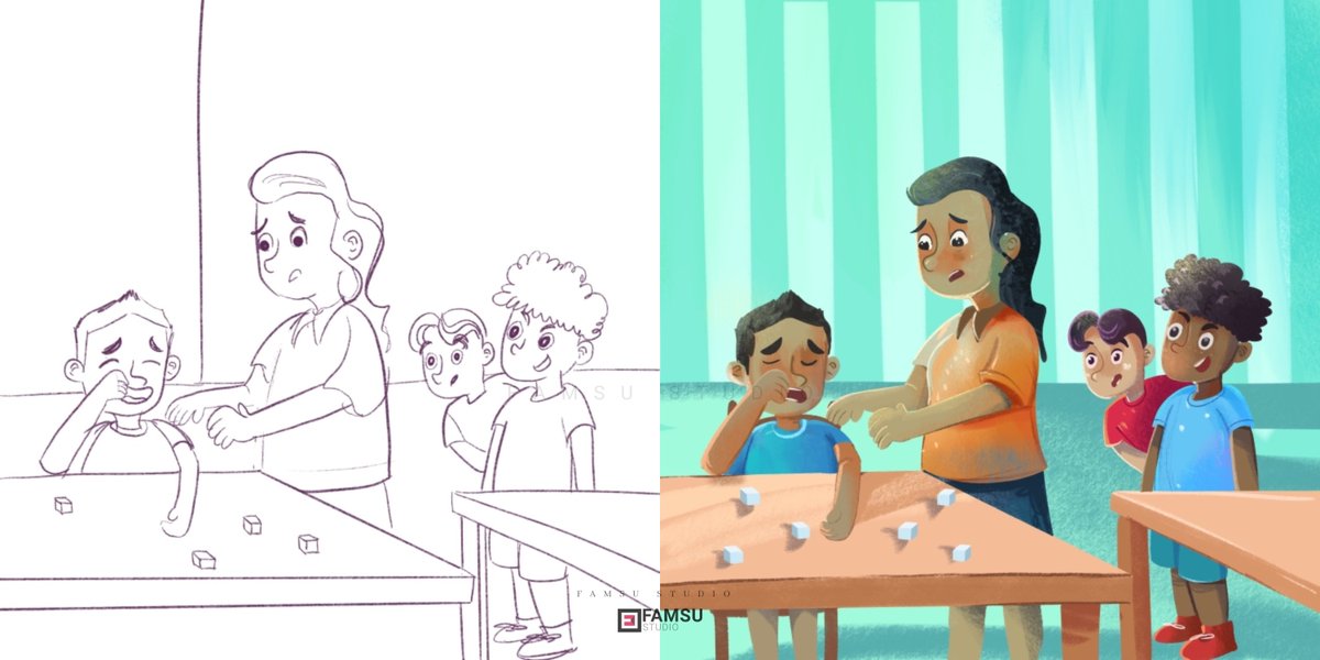 FamsuStudio's tweet photo. Children's book design, sketch to final.

Step:
Concepting - Sketching - Base color - Rendering &amp; Done!
More Info👉🏽 @FamsuStudio
#ChildrensBooks #children #childrenillustration #Kidsbook #picturebooks #BookTwitter #sketchbook #sketchart #illustration #procreate #commissionsopen https://t.co/6YjGdWridy