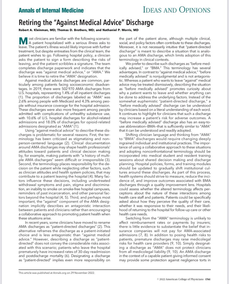 Anu Lala-Trindade (@dranulala) on Twitter photo This. #WordsMatter ๐๐ฝ
๐ซAgainst Medical Advice (AMA) -stigmatizing, depersonalized, antagonistic relationship w/patients
โ
Before Medically Advised (BMA)
-promotes curiosity to understand patient circumstances, set up for better patient-clinician communication
<a href="/AnnalsofIM/">Annals of Int Med</a> This. #WordsMatter ๐๐ฝ
๐ซAgainst Medical Advice (AMA) -stigmatizing, depersonalized, antagonistic relationship w/patients
โ
Before Medically Advised (BMA)
-promotes curiosity to understand patient circumstances, set up for better patient-clinician communication
<a href="/AnnalsofIM/">Annals of Int Med</a>