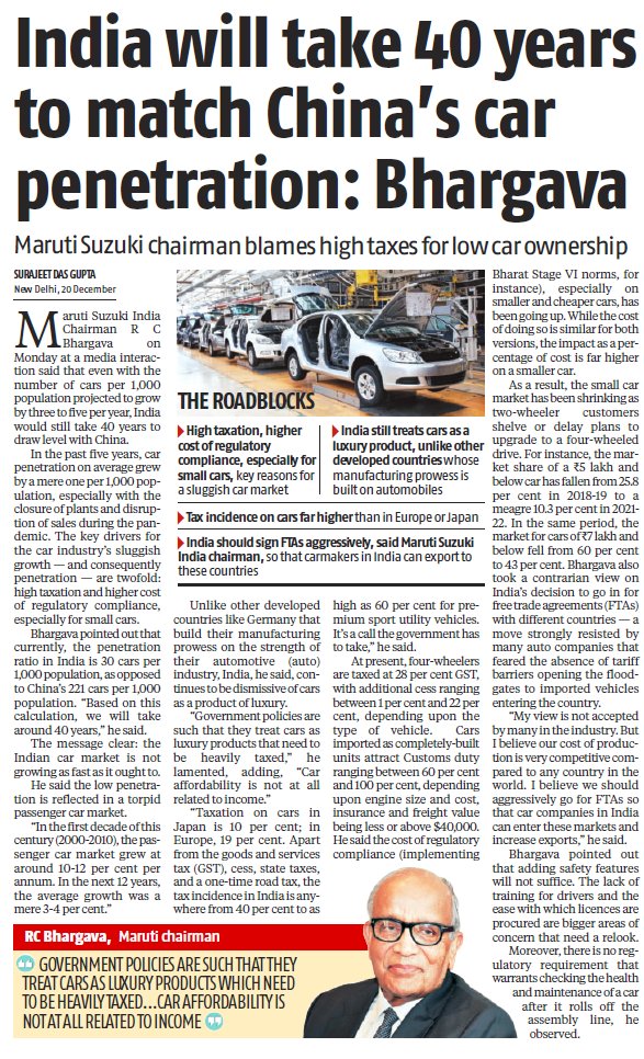 IND should not seek to match CHN/US levels of car penetration. Optimal model for densely packed IND cities is high quality public transport and not NCR style single driver cars :)