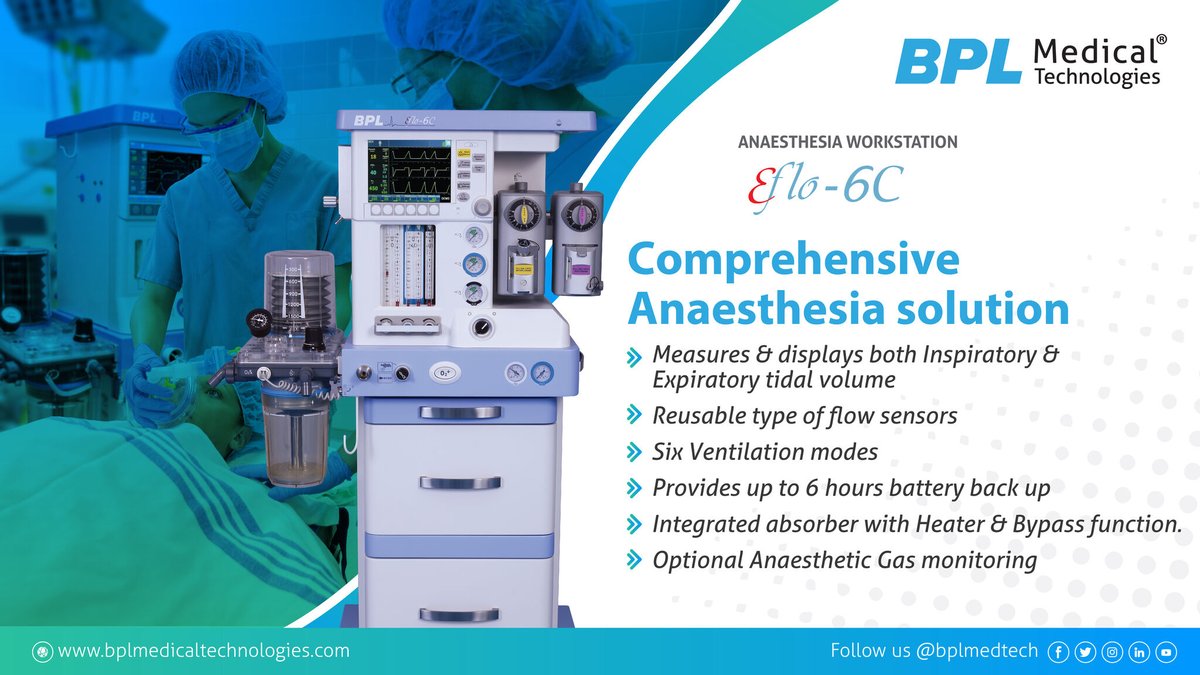 BPLMedTech's tweet photo. Presenting BPL E Flo 6C #anaesthesia station that comes with a 3-gas system (O2, N2O and Air) & several standard ventilation modes. It is suitable for adult & pediatric patients- https://t.co/O4S1WxSNwl
#Anesthesiologists #AnesthesiaWorkstation #PatientSafety #MedicalTechnology https://t.co/kOp8J3TTgE