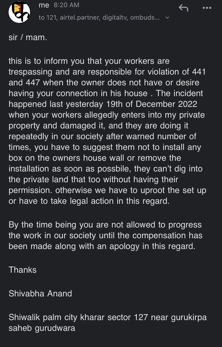 shiv0713abha's tweet photo. Trespassing by airtel
How you can harass sm1 to jump into someone’s property without having their permission to destroy their property, dig and lay your fibre..? 
@Airtel_Presence @airtelindia @airtelnews @VittalGopal @airtelcomplaint #chandigarh #mohaliairtel #airtelmohali https://t.co/ZdJJi5P4Ce