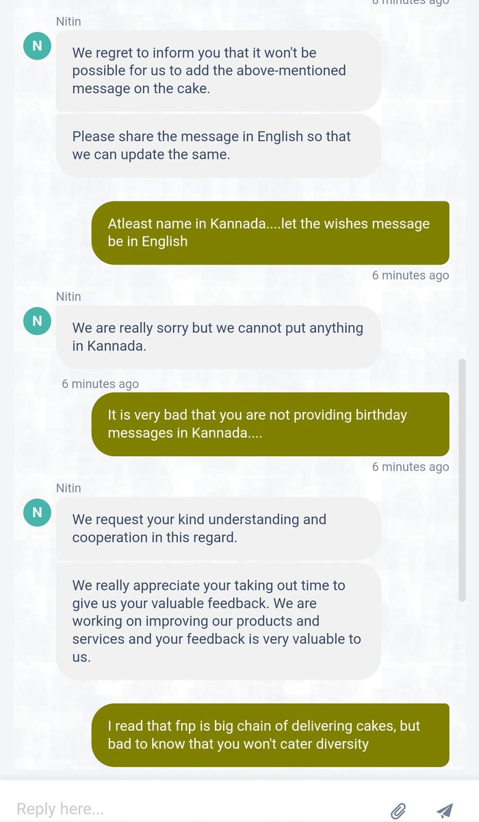 SomBajju's tweet photo. Cancelled a cake from @fnp_ind as it's a strict no from them to display birthday message in Kannada on the cake. Such a anti diversity mindset company. @KannadaGrahaka https://t.co/P9LoLxMRuy