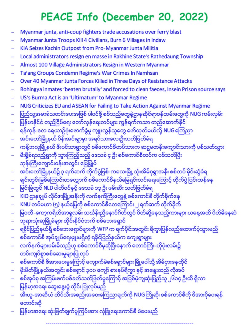 pyidaungsu's tweet photo. နေ့စဉ်သတင်းစုဆောင်းမှု
ေန႔စဥ္သတင္းစုေဆာင္းမွု
PEACE Info (December 20, 2022)
https://t.co/1Nud2yfG3Z https://t.co/UU0PRlcwbs