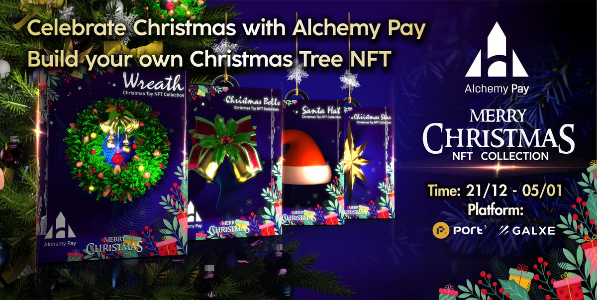#Christmas is coming!🎄#AlchemyPay has prepared a Christmas #NFT Collection for you to collect🎅

Collect all four Christmas decoration #NFTs to claim the Ultimate Christmas Tree NFT, which grants you 1 - 100U $ACH in a random #airdrop!

To Enter👇
soquest.xyz/space/AlchemyP…