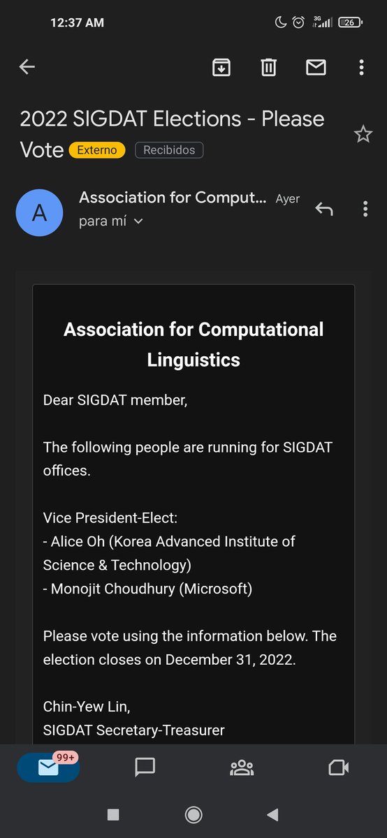 I received the email to vote for the exec board of SIGDAT which organizes EMNLP. Reminder: all those that attended #emnlp2022 can vote and also previous members.