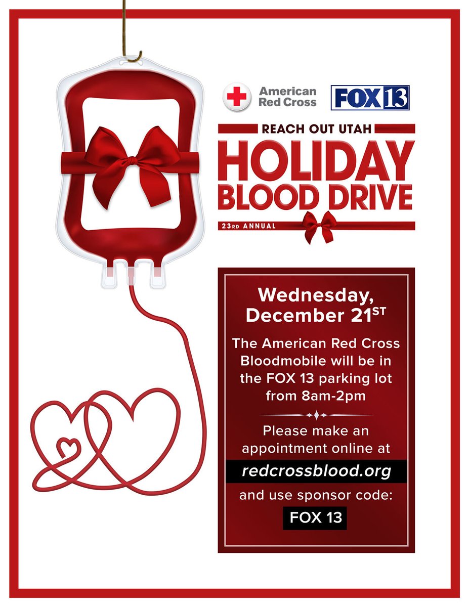 Join us tomorrow along with <a href="/fox13/">FOX 13 News Utah</a> for the 23rd Annual Reach Out Utah Holiday Blood Drive 𝐖𝐞𝐝 𝐃𝐞𝐜. 𝟐𝟏 with multiple locations to donate.
To sign up, visit redcrossblood.org or go to the Blood Donor App and enter 𝐒𝐩𝐨𝐧𝐬𝐨𝐫 𝐂𝐨𝐝𝐞: 𝐅𝐨𝐱𝟏𝟑