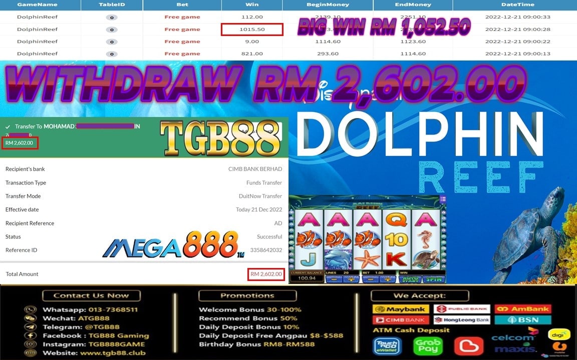 Selamat Datang Ke Syarikat TGB88 
👉 Tahniah Member TGB88 Cuci Sebanyak RM 2602
🗓Tarikh : 21/12/2022
🕹Game : PANTHER MOON  
🕹Apps : MEGA888
🕹Top Up : RM 150
🕹Withdraw : RM 2602
📑Register📑
✉️Whatsapp: 016-3812685
hi.jomwasap.my/TGB88Candy1
✉️Telegram:
t.me/TGBCandy