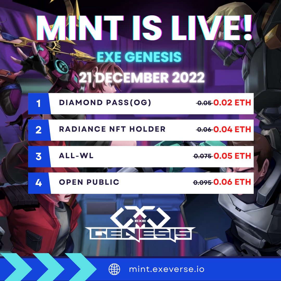 EXE GENESIS MINT IS LIVE!

mint.exeverse.io

Radiance NFT &amp; Diamond Pass NFT holders, make sure your minting address has the NFTs so you can mint Genesis at special prices!

Reach us in DC for more!

Happy Minting!

#NFTCommunity #NFTProject #NFTminting #NFTdrop #NFTMint