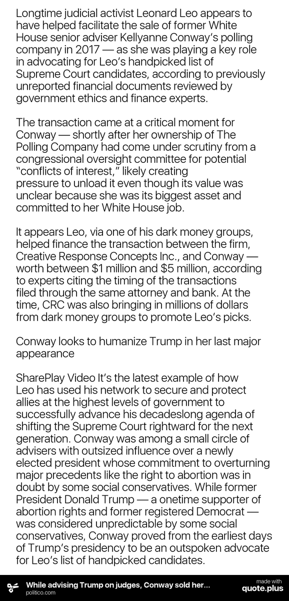 swtyndall's tweet photo. GOP works to undermine democracy via judiciary
While advising Trump on judges, Conway sold her business to a firm with ties to judicial activist Leonard Leo
#PartisanCaptureOfJudiciary
#GOPCorrupt
#GOPLovesPower
#GOPHatesDemocracy
#GOPIsTheRichsBitch https://t.co/FNhgaewTD6 https://t.co/RUa9m5Ji9P
