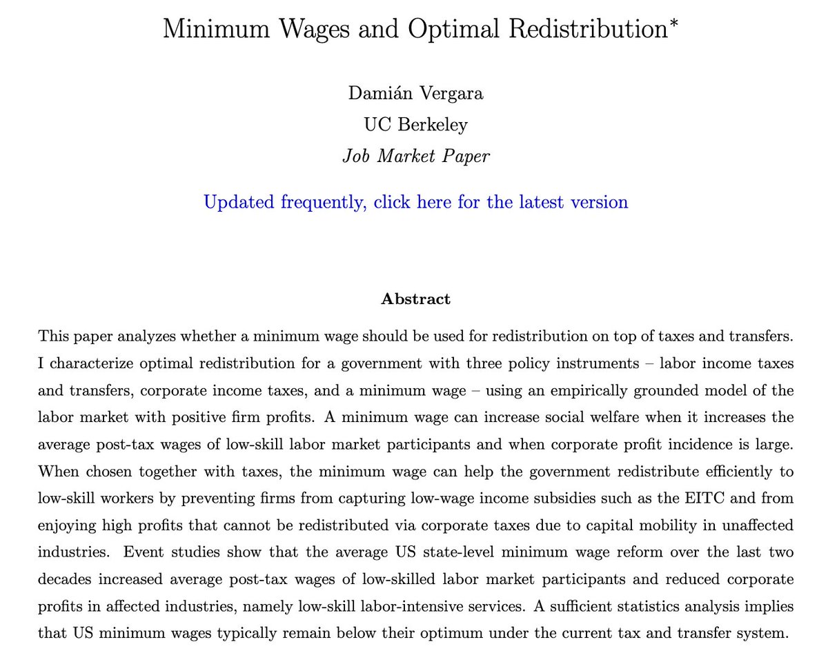 A really important job market paper by UC Berkeley's @dvergarad. Shows how we should think about minimum wage as a distributional tool even if it has no efficiency gains (like from reallocation). dvergarad.github.io/files/JMP_DV.p…