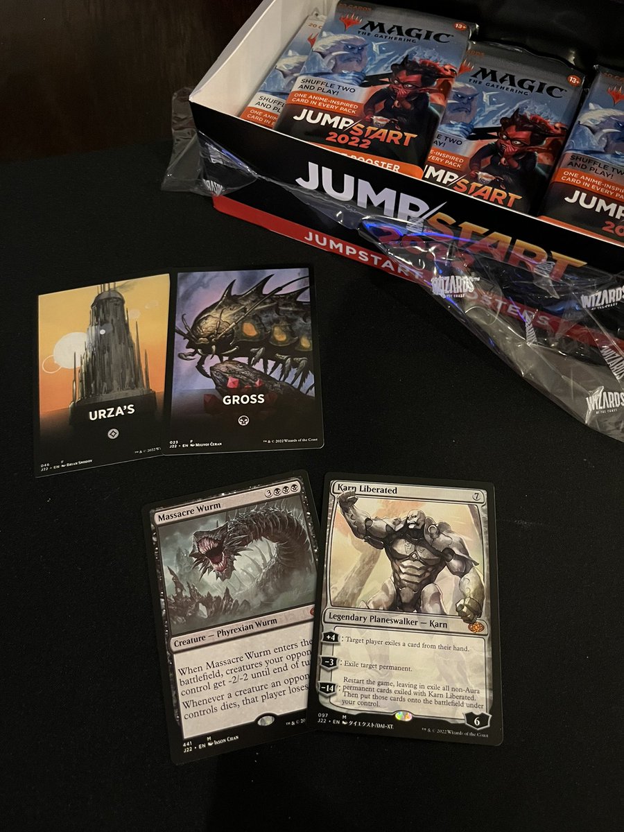imdanielholt's tweet photo. Playing a box of #MTGJumpstart 2022 with a buddy and my first deck I ramped into Massacre Wurm and Karn Liberated…not a bad start 🤷🏻♂️ #WOTCStaff #MTGJ22 https://t.co/IFaEDnGdKD