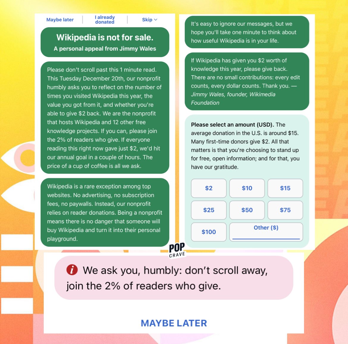 PopCrave's tweet image. Wikipedia co-founder Jimmy Wales pleads for users to donate to the non-profit encyclopedia in a new note displayed on the site.