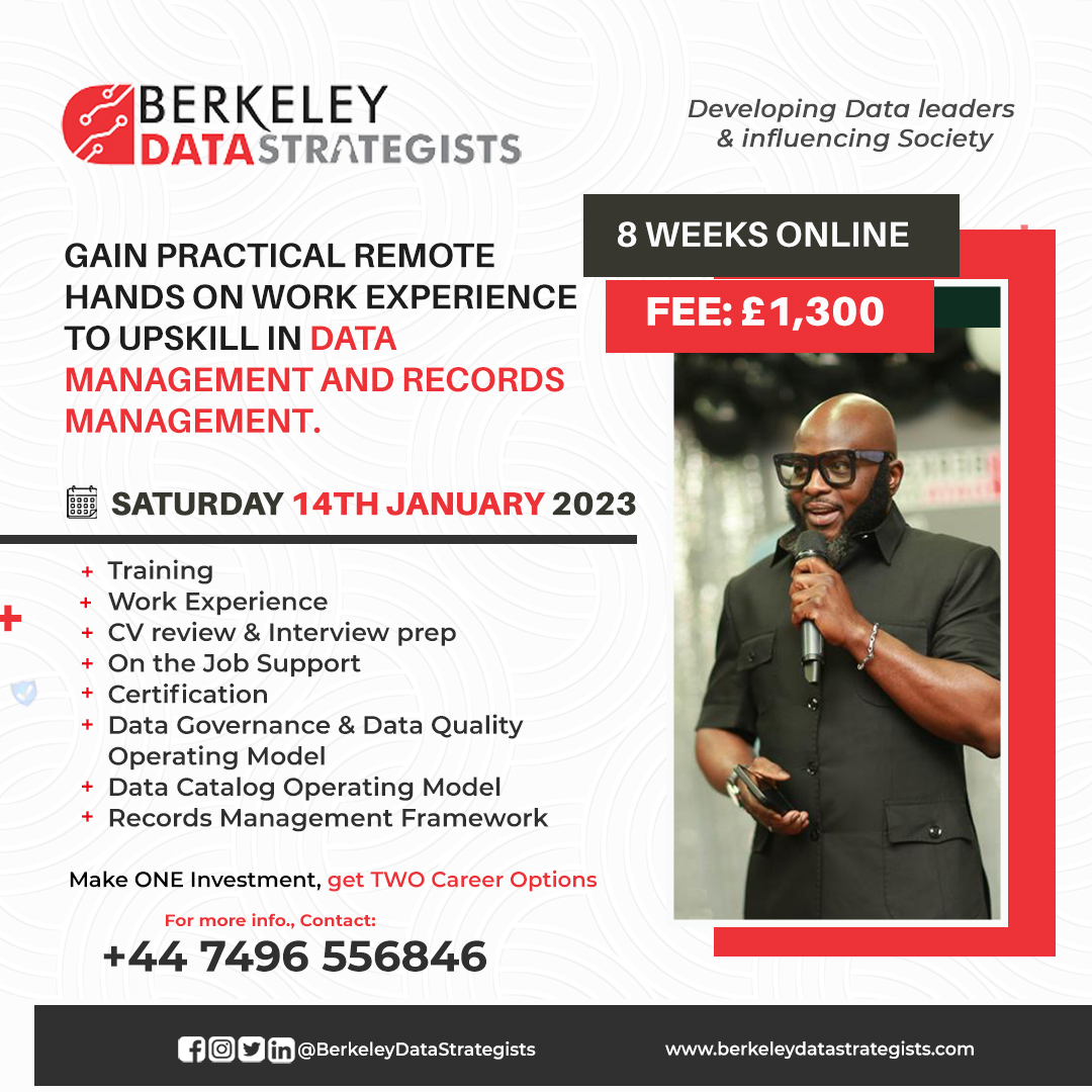 BdsBerkeley's tweet photo. 2023 will be BIGGER, BETTER AND GREATER!
Start a great career in data management by joining our Data and Records Management session.
Another session starts on Saturday, 14th January 2023.
Don't snooze!
#datamanagement #dataisnewoil #ittraining @LNCtoday https://t.co/c5CZ5sE3ST