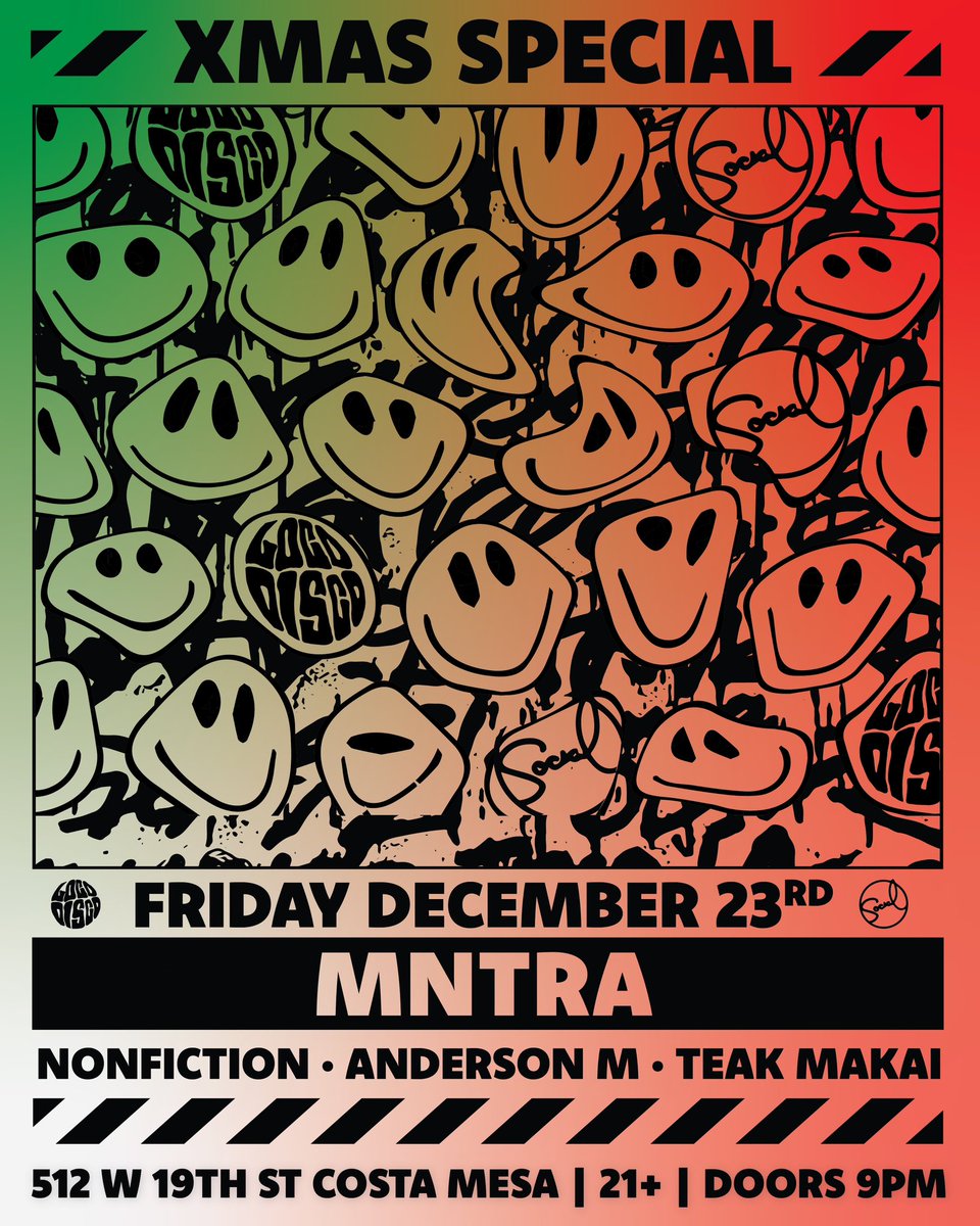 This Friday night we’re back at @socialcostamesa with @ITSMNTRA @DJNonfiction @andersonmmusic & @TeakMakai Our last two shows at this venue have sold out so beware muahaha