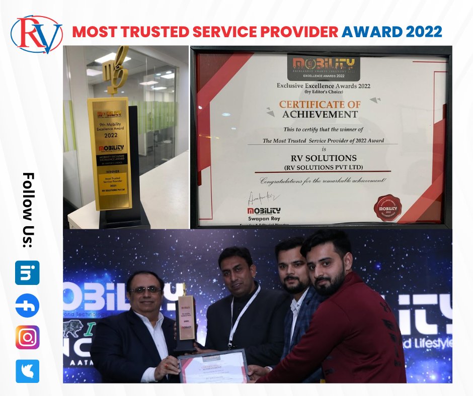 Our achievements are shaped by the strength of the foundations we set. We are thrilled to announce that RV Solutions has been conferred as the “Most Trusted Service Provider” by @mobilitymag. 

#rvsolutions #teamrv #award #recognition #mobility #serviceprovider #teamwork