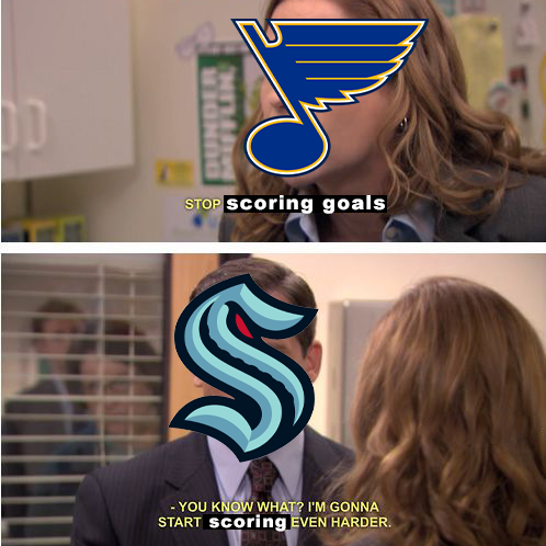 office meme, pam with a blues logo saying to stop scoring and Michael responding that he's going to start scoring even harder