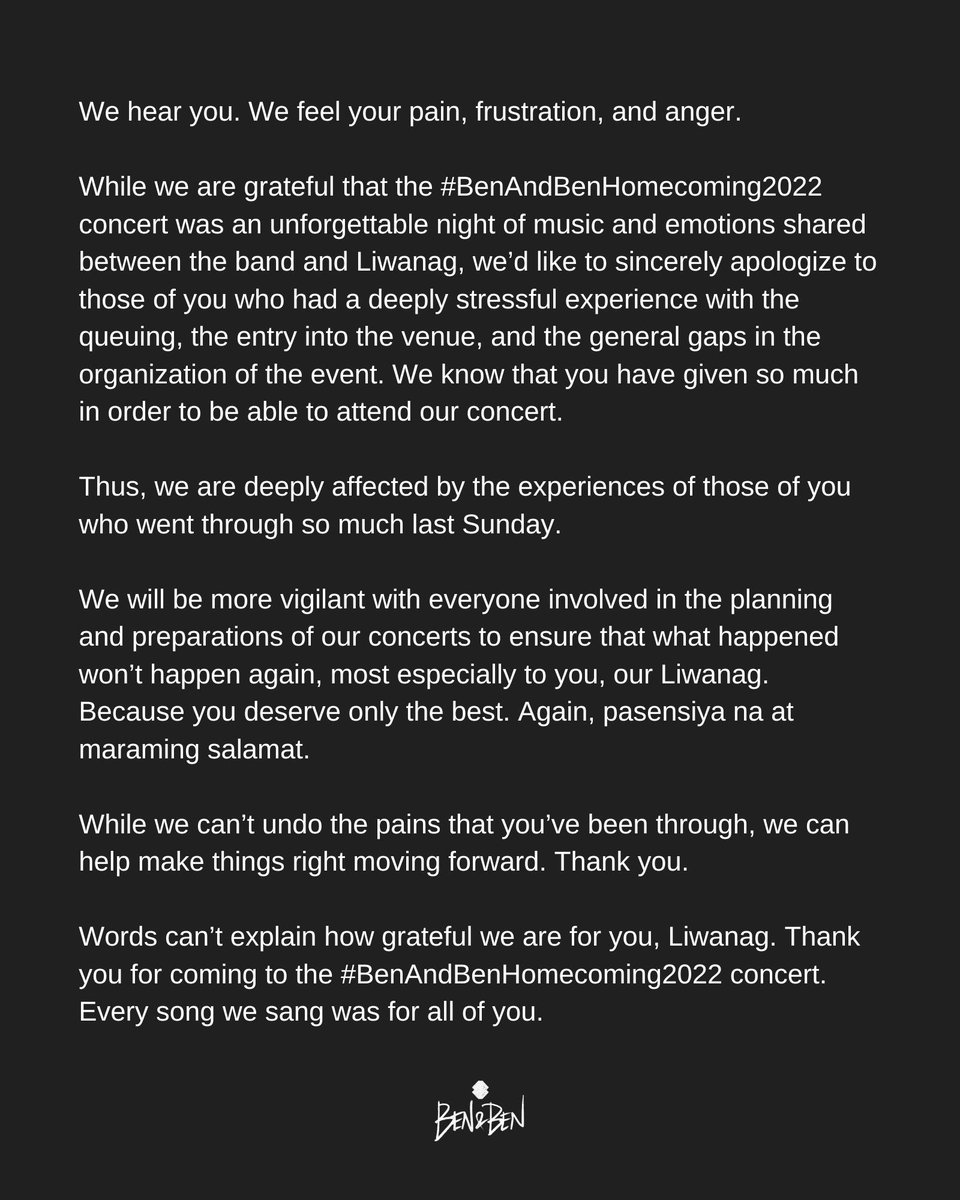 inquirerdotnet's tweet photo. Ben&amp;Ben apologized to their fans as they addressed the complaints regarding the recently held “Ben&amp;Ben Homecoming Concert 2022,” which some attendees described as the “worst concert” they have been to.

READ: https://t.co/7kj44J0lqw https://t.co/MN07RiTeK6