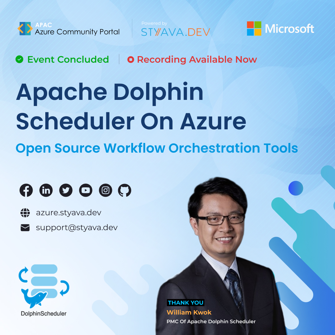 StyavaD's tweet image. Thank you William Kwok for such a resourceful session on DolphinScheduler. Looking forward to more events from you.

Watch the recording: smpl.is/pco1

Check out DolphinScheduler: smpl.is/pco2

#azure #apache #azureevents #dolphinscheduler #styavadev