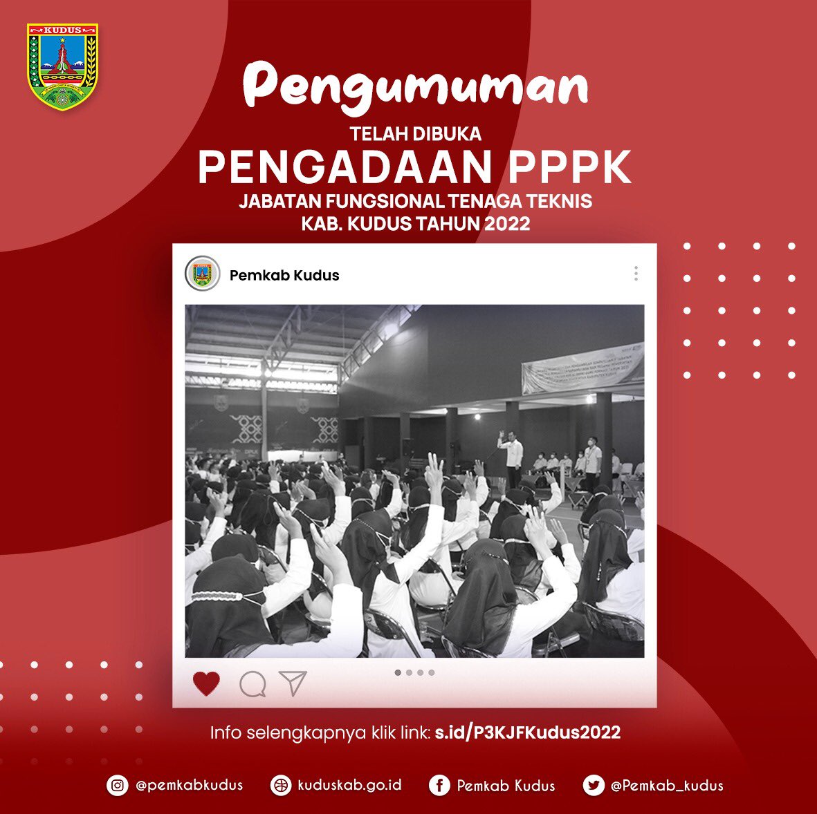Segera daftarkan dirimu untuk mengikuti Pengadaan PPPK Jabatan Fungsional Tenaga Teknis Pemerintah Kabupaten Kudus 2022. 

Selengkapnya bisa cek akun @bkpp_kudus atau kunjungi link yang tertera dalam pengumuman.