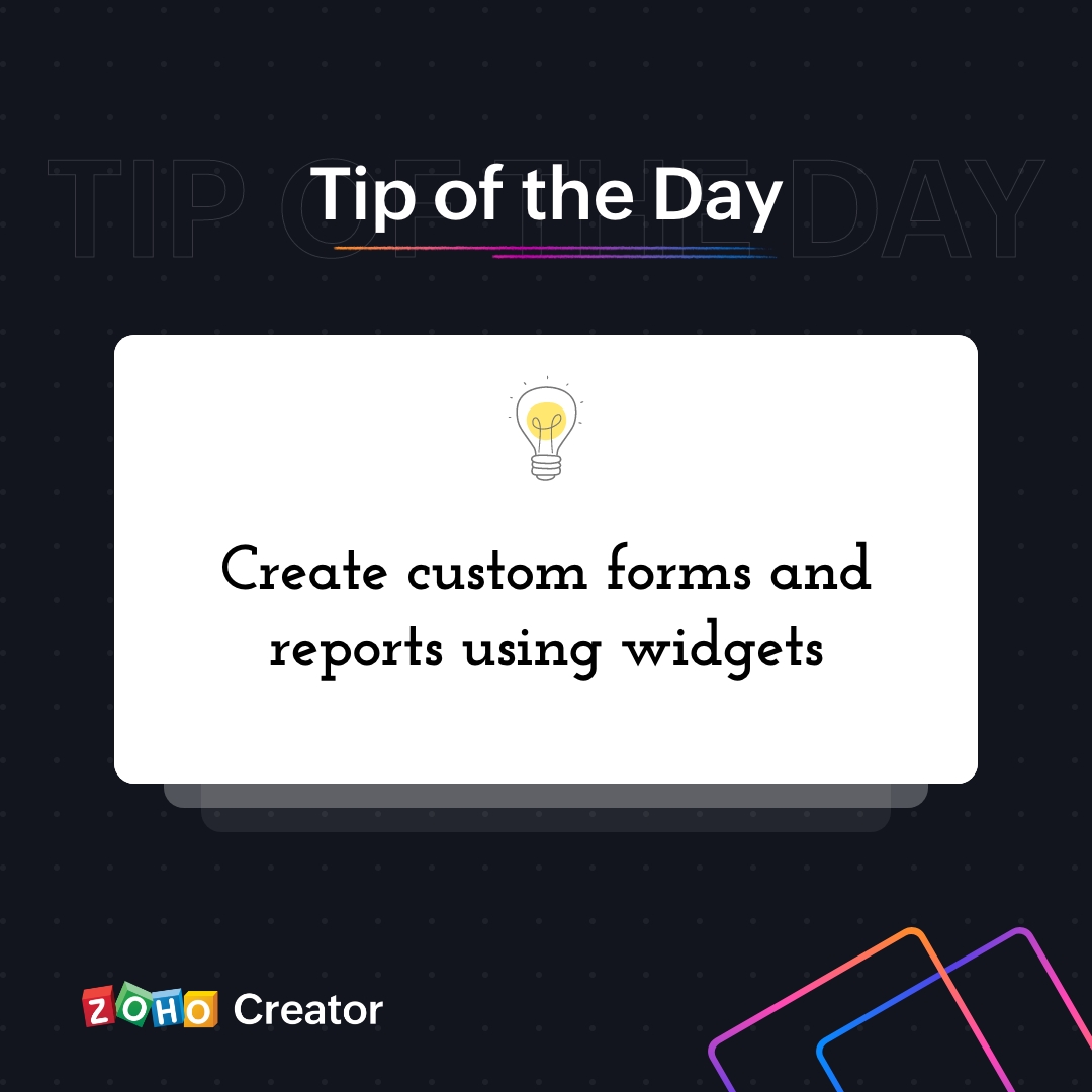 ZohoCreator's tweet image. Want to know how to use widgets in your #Zoho Creator apps?
Check out our latest tip on widgets and learn how to create apps with a richer user experience. 

zcu.io/LBNT 

#ZohoCreatorCommunity #TipsandTricks