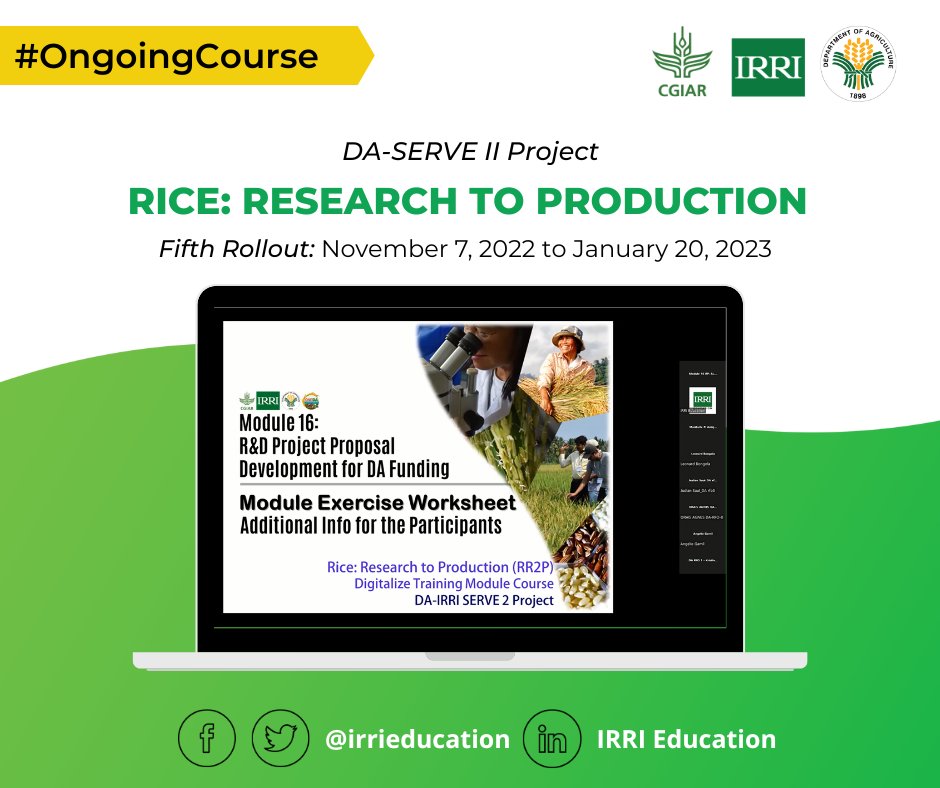 irrieducation's tweet photo. Weโre still rolling!
Scheduled to be implemented for eight weeks, the fifth rollout of the Rice: Research to Production (#RR2P) online course, actively joined by 39 participants from different DA RFOs, SUCs, and LGUs, is already in its sixth week
#OngoingCourse #FeaturedCourse https://t.co/b1pxhm9VqE