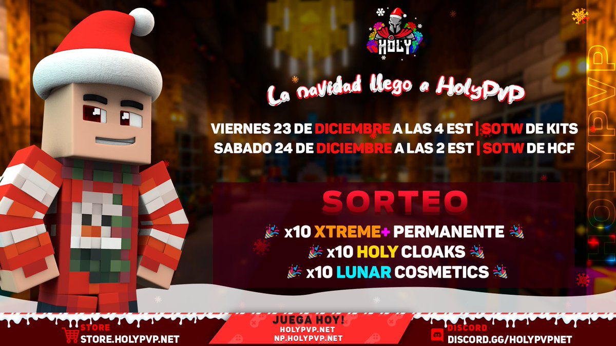 holypvpnet's tweet image. Navidad llego a Holy 🍾

Si gente, por fin llegó el día. Este fin de semana vuelve Holy 😎

🫶 Vamos a celebrar con un sorteo de esos que les gustan a ustedes. Para participar solo tienen que dar RT y Seguirnos.

🎄 x10 Xtreme+ Permanente
🎅 x10 Holy Cloaks
🎁 x10 Lunar Cosmetics