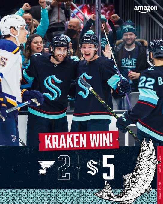 kraken win graphic Kraken 5, blues 2 Using a photo of soucy, borgen, and bjorky celebrating